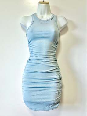 White Fox boutique Ruched Bodycon Mini Dress XS Baby Blue Ribbed Sleeveless